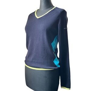 Vintage Burberry Golf Argyle Knit V Neck Sweater Cotton Lightweight Navy Logo